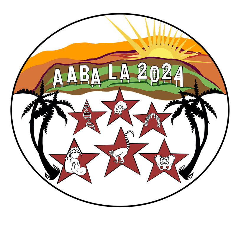 AABA 2024 logo designed by Michelle Bezanson: A circle containing palm trees on the right and left, the sun above, AABA LA 2024 spelled out like the Hollywood sign, and stars below containing DNA, a skull, teeth, lactation, lemur, and pelvis