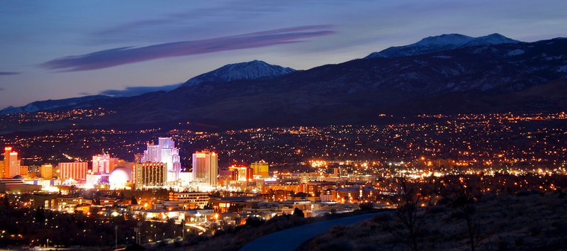 Reno, Nevada skyline and mountains at night